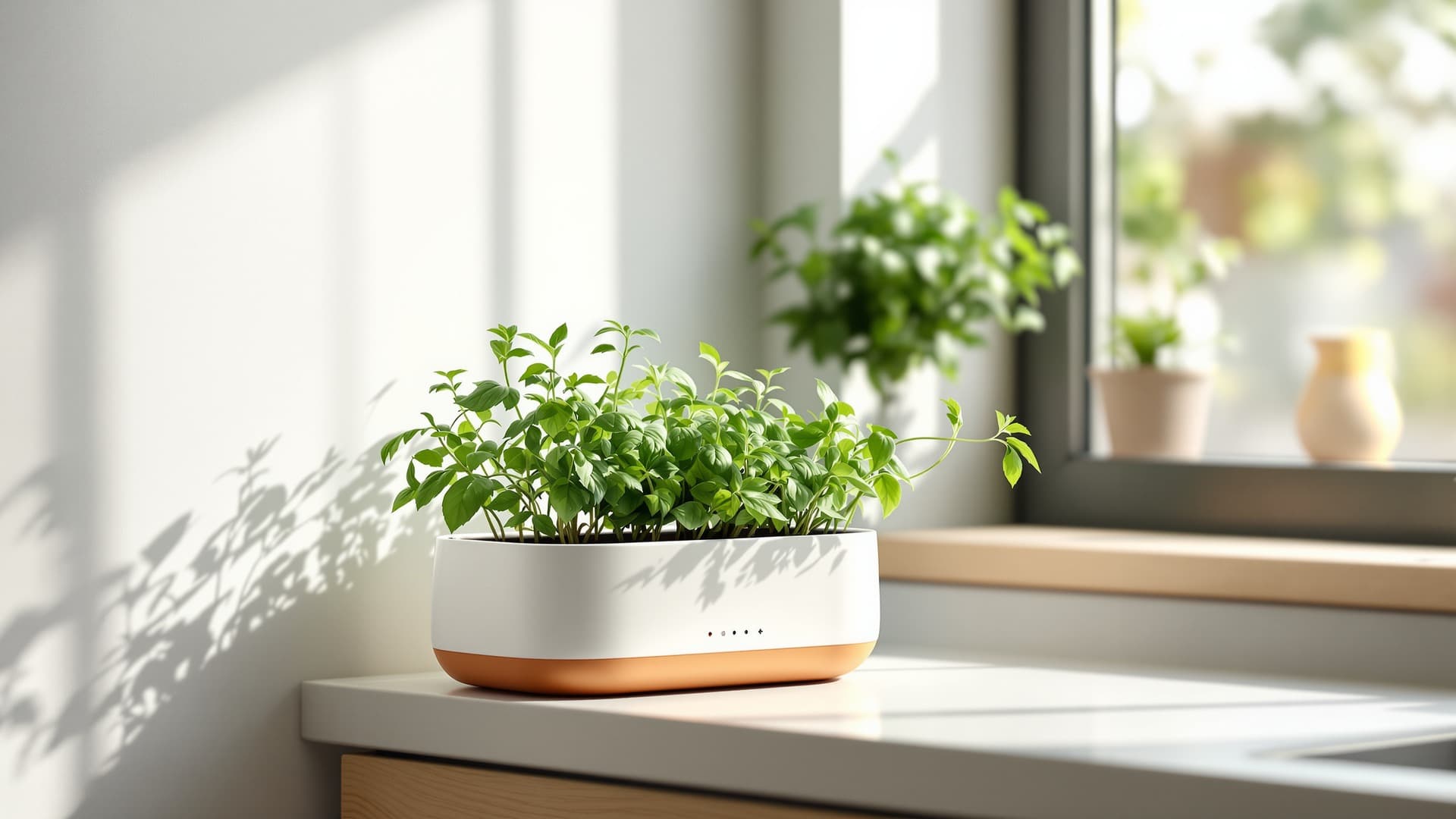 Sproutiq indoor herb planter with sensor indicators on a bright apartment countertop