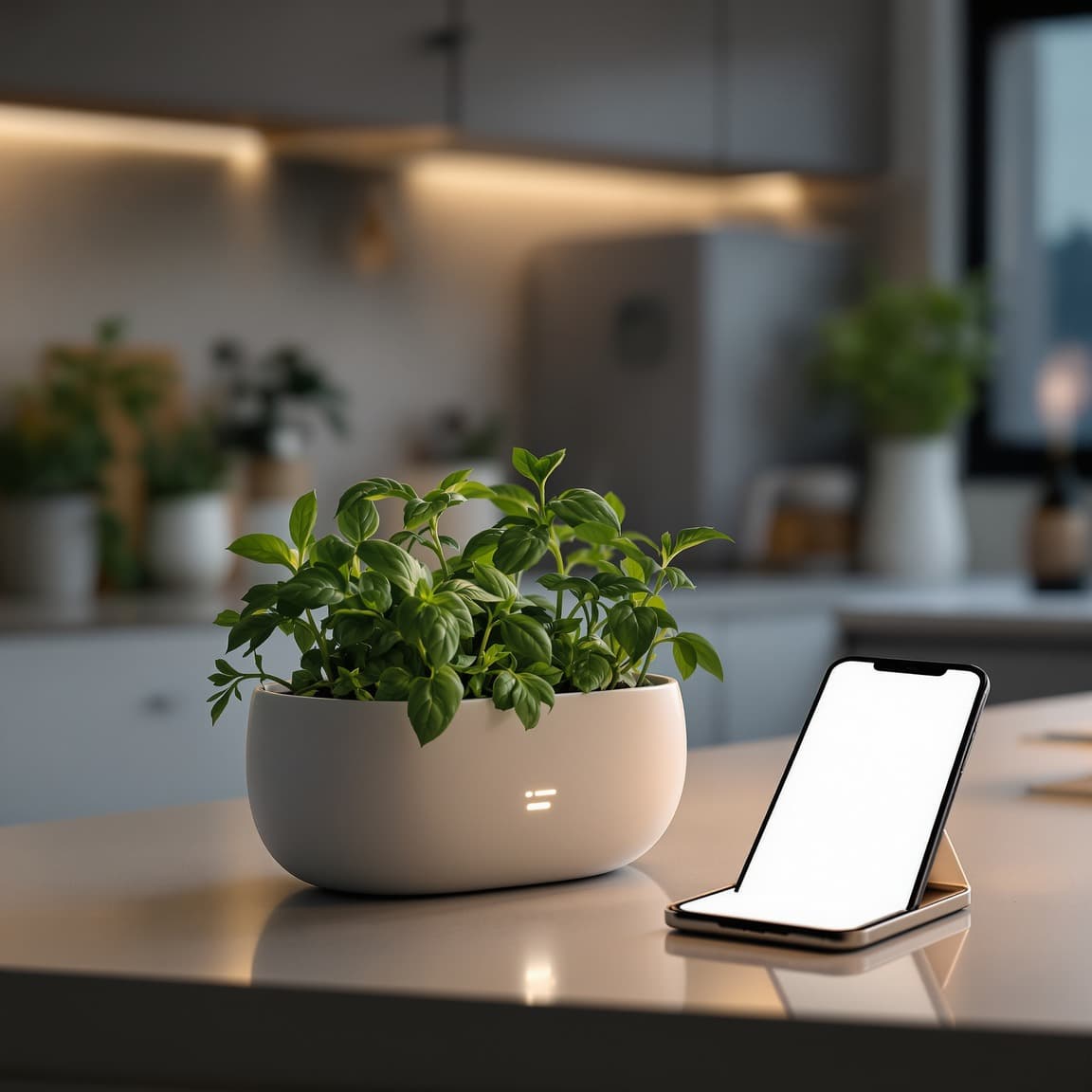 Sproutiq planter with glowing sensor indicator showing moisture levels