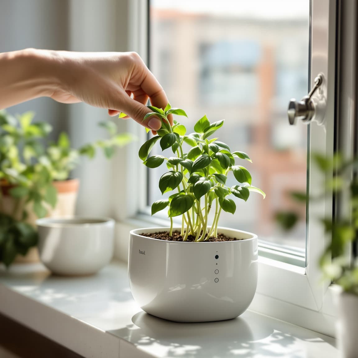 Fresh basil being harvested from a Sproutiq planter on a windowsill